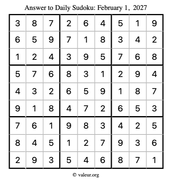 Answer to sudoku February 1, 2027