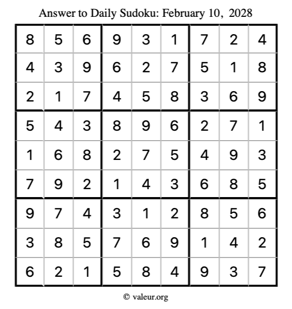 Answer to sudoku February 10, 2028