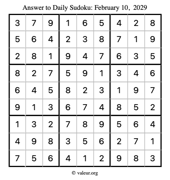 Answer to sudoku February 10, 2029