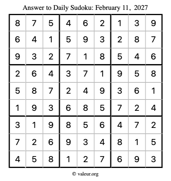 Answer to sudoku February 11, 2027