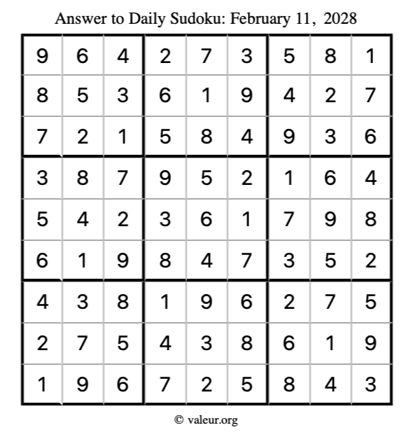 Answer to sudoku February 11, 2028