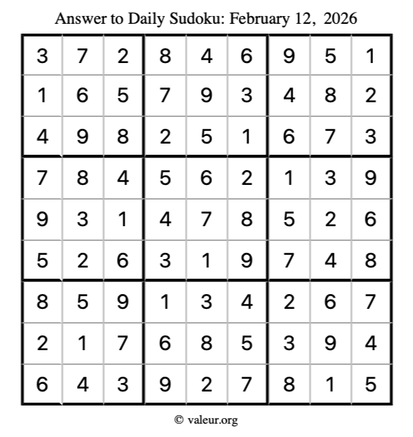 Answer to sudoku February 12, 2026