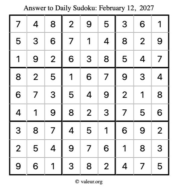 Answer to sudoku February 12, 2027