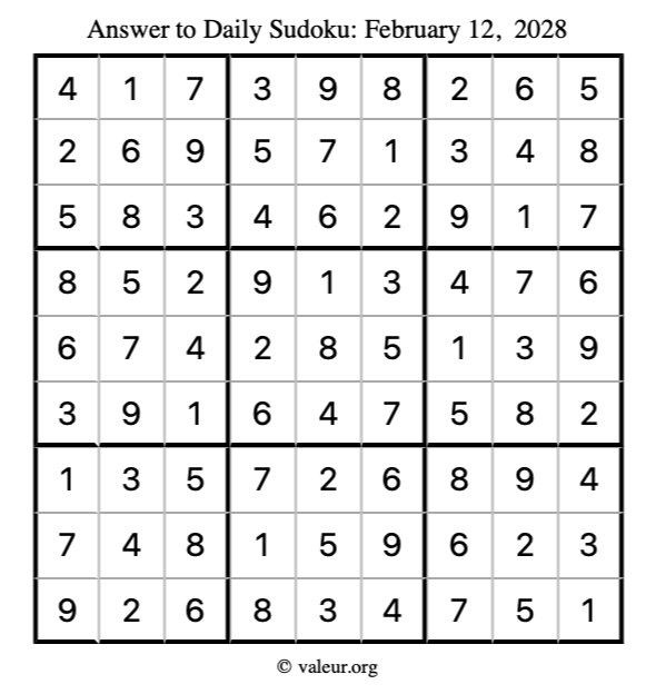Answer to sudoku February 12, 2028