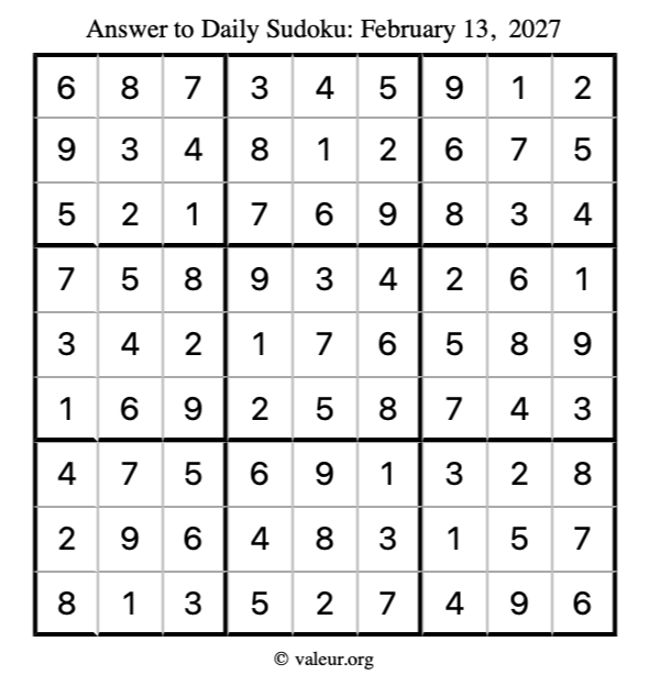 Answer to sudoku February 13, 2027