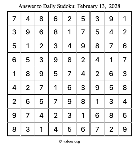 Answer to sudoku February 13, 2028