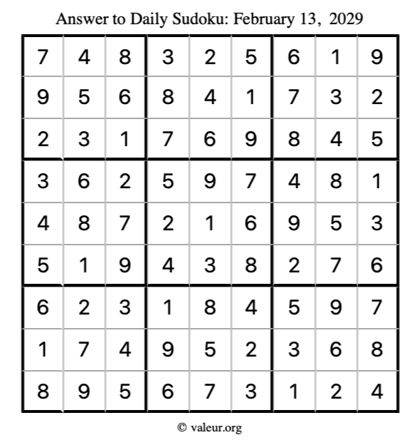 Answer to sudoku February 13, 2029
