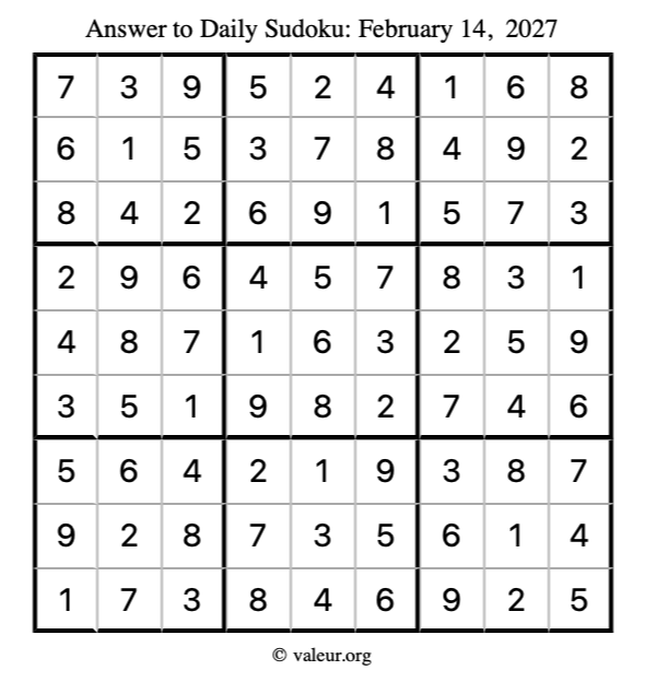 Answer to sudoku February 14, 2027