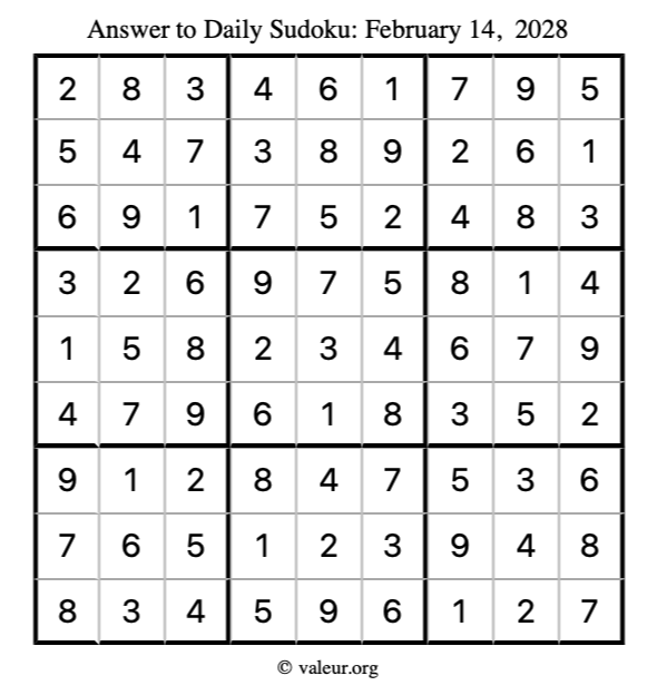 Answer to sudoku February 14, 2028