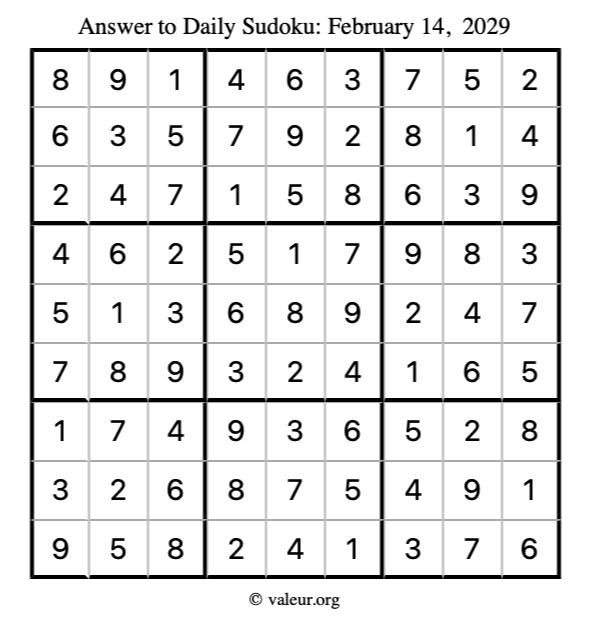 Answer to sudoku February 14, 2029
