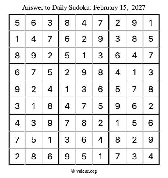 Answer to sudoku February 15, 2027