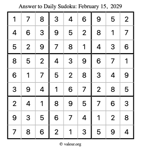 Answer to sudoku February 15, 2029