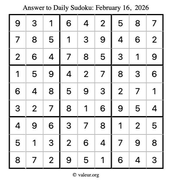 Answer to sudoku February 16, 2026