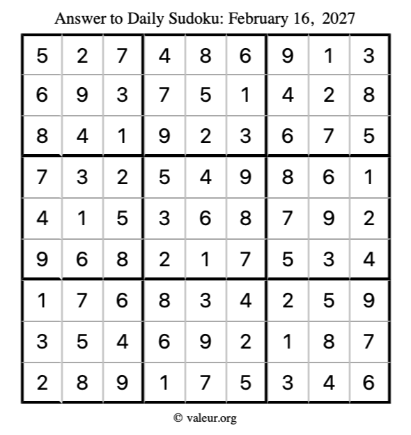 Answer to sudoku February 16, 2027
