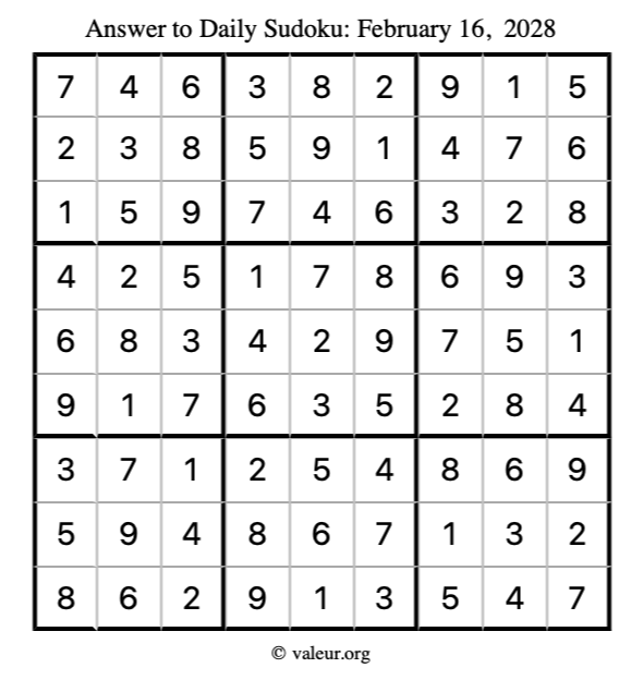 Answer to sudoku February 16, 2028