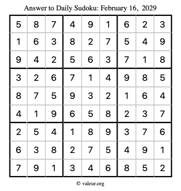 Answer to sudoku February 16, 2029