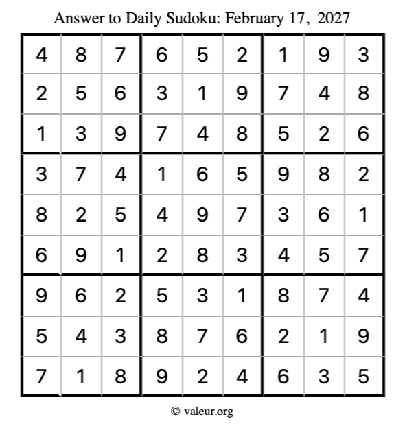 Answer to sudoku February 17, 2027