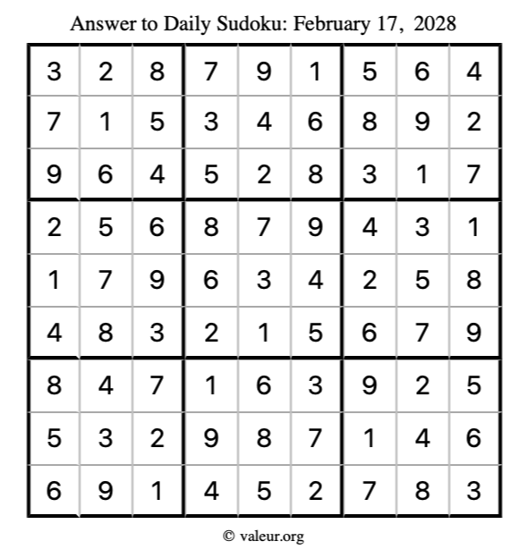 Answer to sudoku February 17, 2028