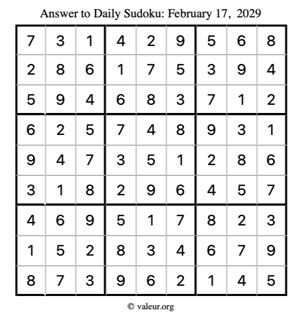 Answer to sudoku February 17, 2029