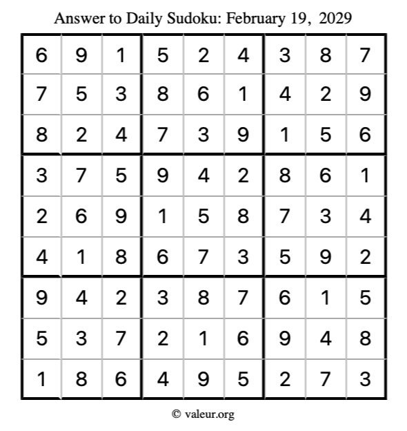 Answer to sudoku February 19, 2029