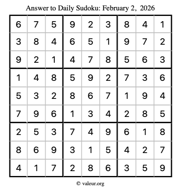 Answer to sudoku February 2, 2026