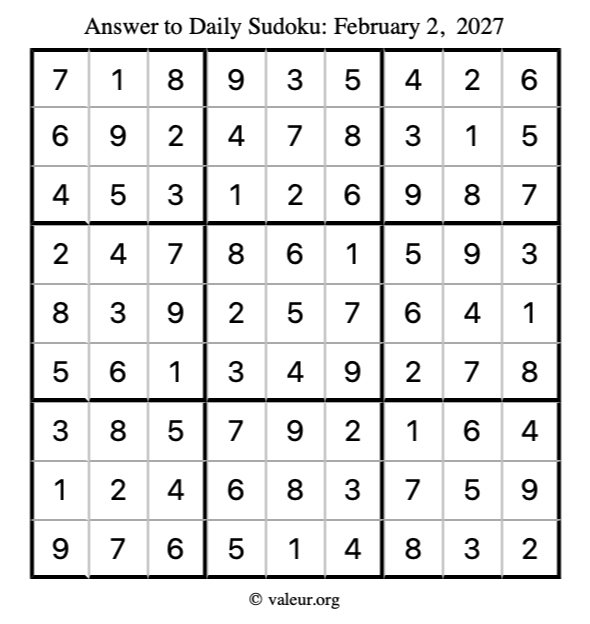 Answer to sudoku February 2, 2027