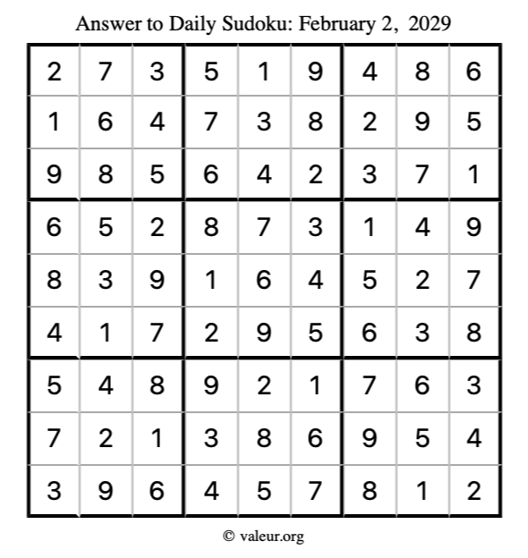 Answer to sudoku February 2, 2029
