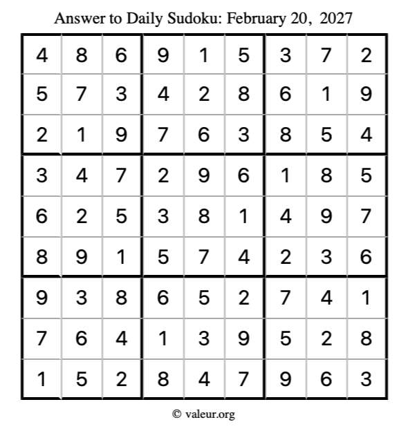 Answer to sudoku February 20, 2027