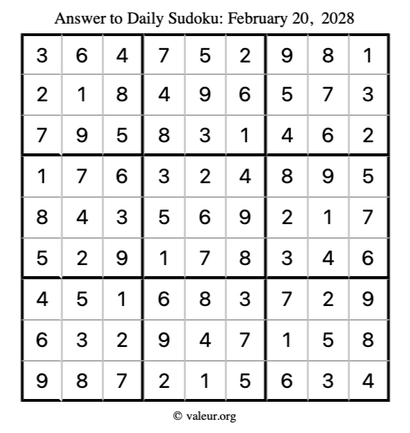 Answer to sudoku February 20, 2028