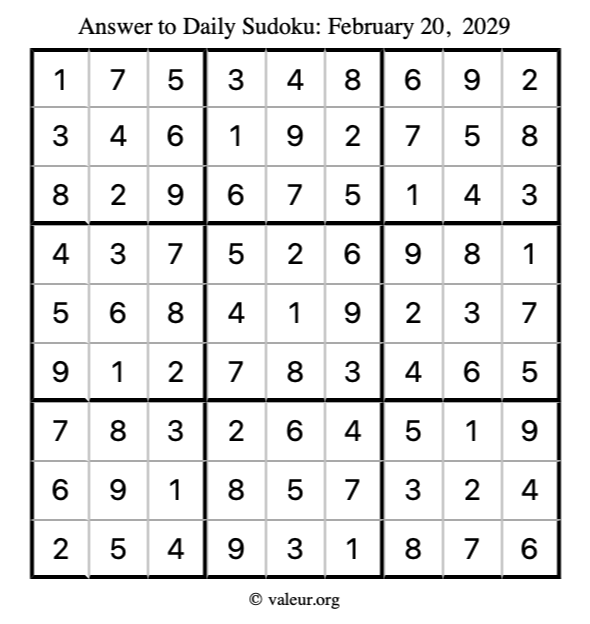 Answer to sudoku February 20, 2029
