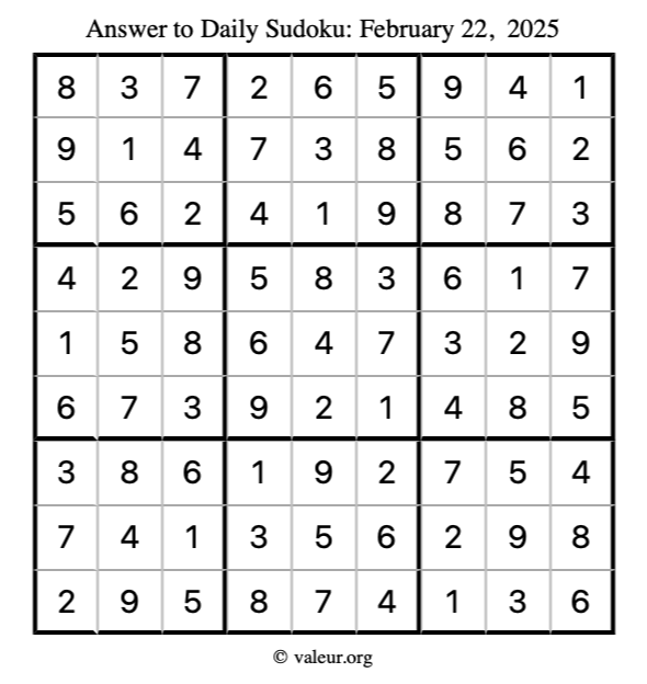 Answer to sudoku February 22, 2025