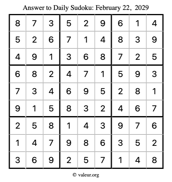 Answer to sudoku February 22, 2029