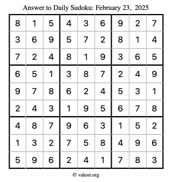 Answer to sudoku February 23, 2025