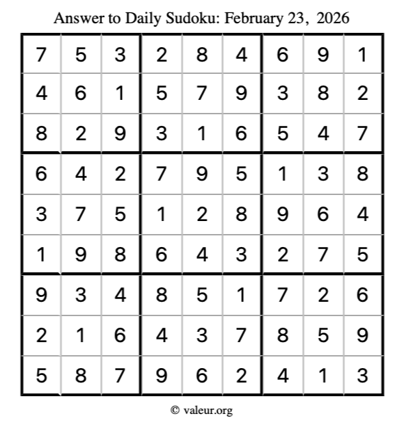 Answer to sudoku February 23, 2026