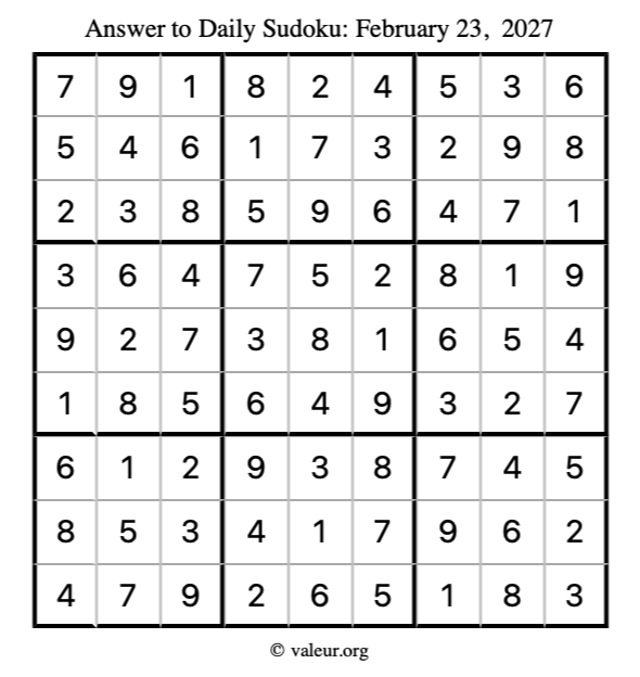 Answer to sudoku February 23, 2027