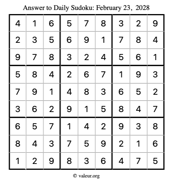 Answer to sudoku February 23, 2028