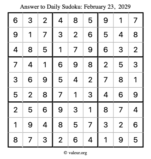 Answer to sudoku February 23, 2029