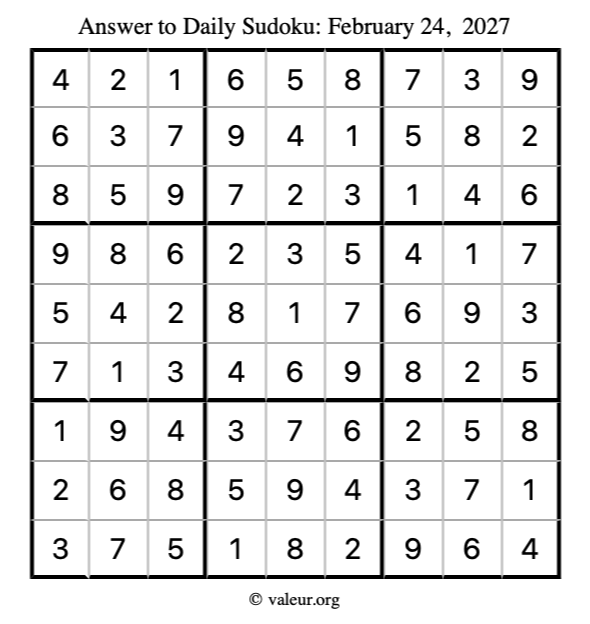 Answer to sudoku February 24, 2027