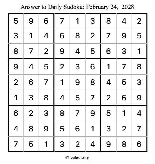 Answer to sudoku February 24, 2028
