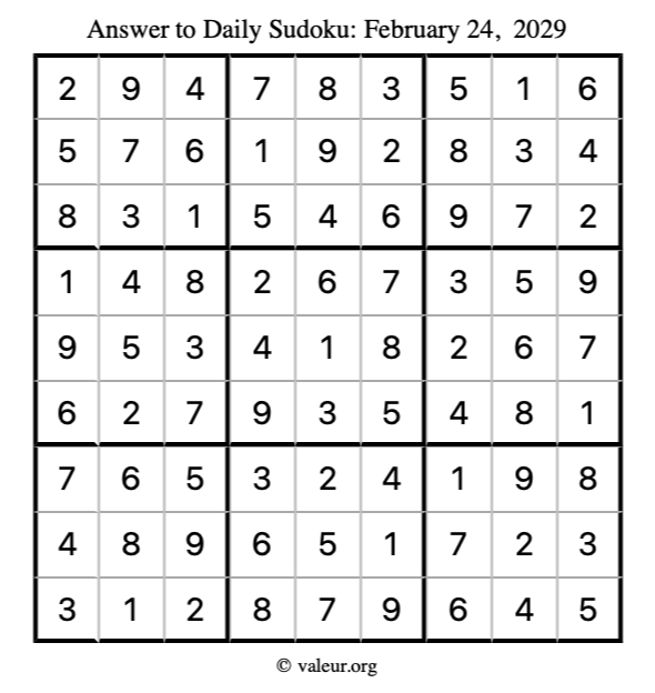 Answer to sudoku February 24, 2029