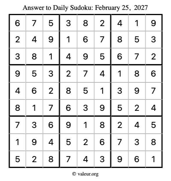Answer to sudoku February 25, 2027