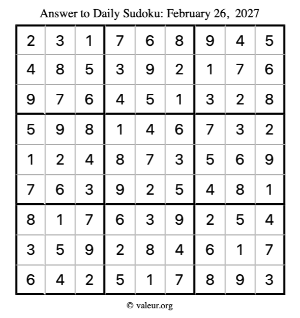 Answer to sudoku February 26, 2027