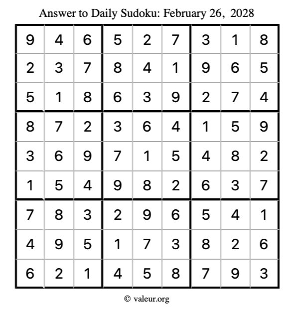 Answer to sudoku February 26, 2028