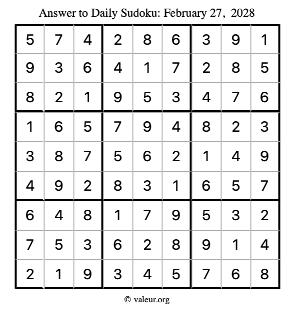 Answer to sudoku February 27, 2028