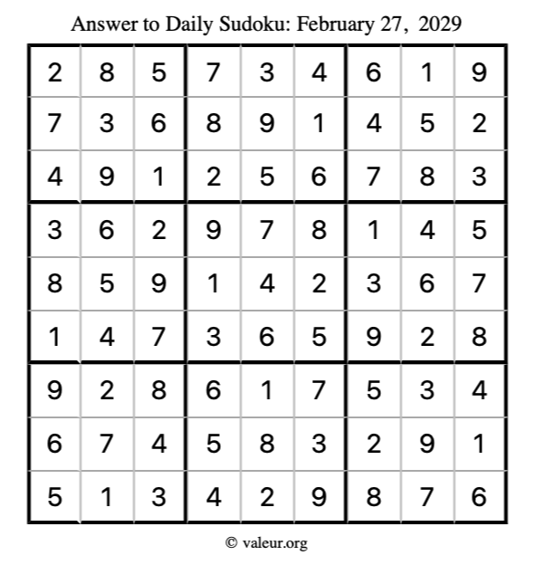 Answer to sudoku February 27, 2029