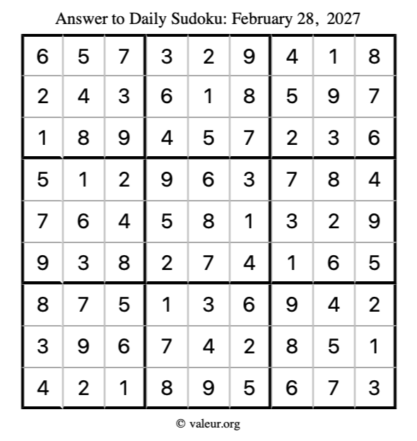 Answer to sudoku February 28, 2027