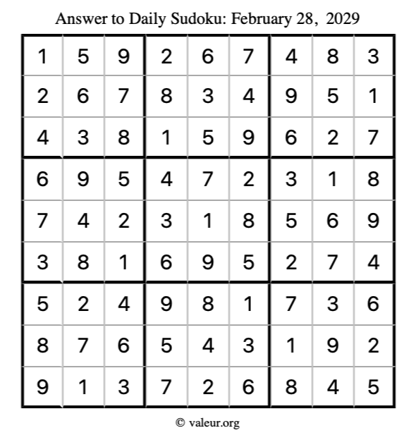 Answer to sudoku February 28, 2029