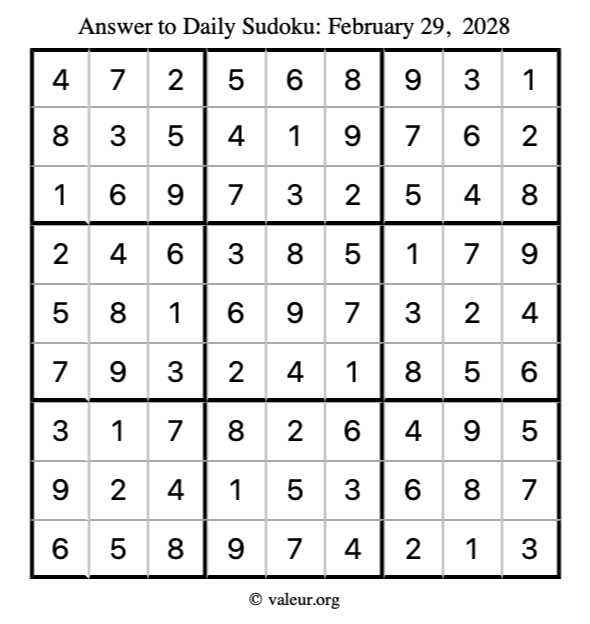Answer to sudoku February 29, 2028