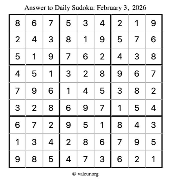 Answer to sudoku February 3, 2026