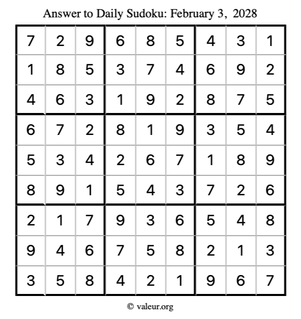 Answer to sudoku February 3, 2028